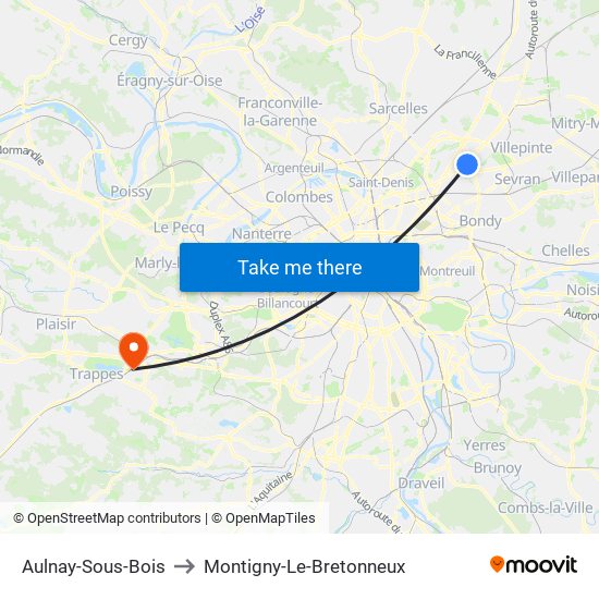 Aulnay-Sous-Bois to Montigny-Le-Bretonneux map