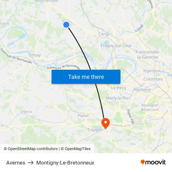 Avernes to Montigny-Le-Bretonneux map