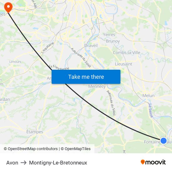 Avon to Montigny-Le-Bretonneux map