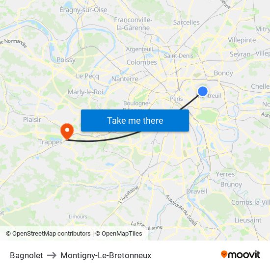 Bagnolet to Montigny-Le-Bretonneux map