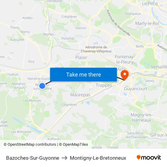 Bazoches-Sur-Guyonne to Montigny-Le-Bretonneux map