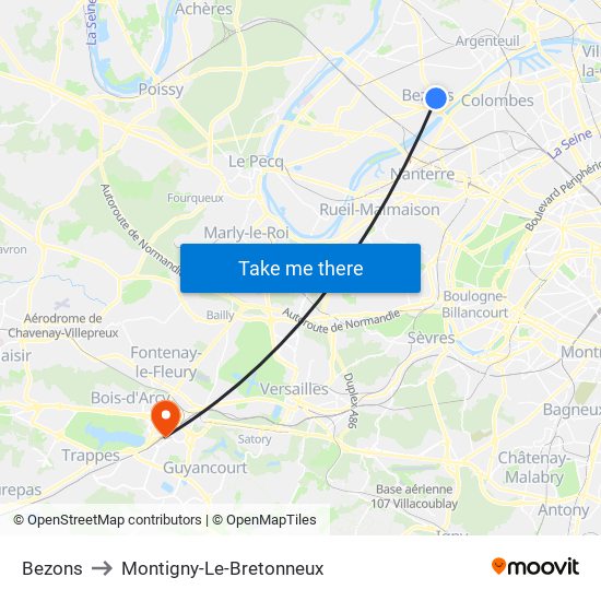 Bezons to Montigny-Le-Bretonneux map