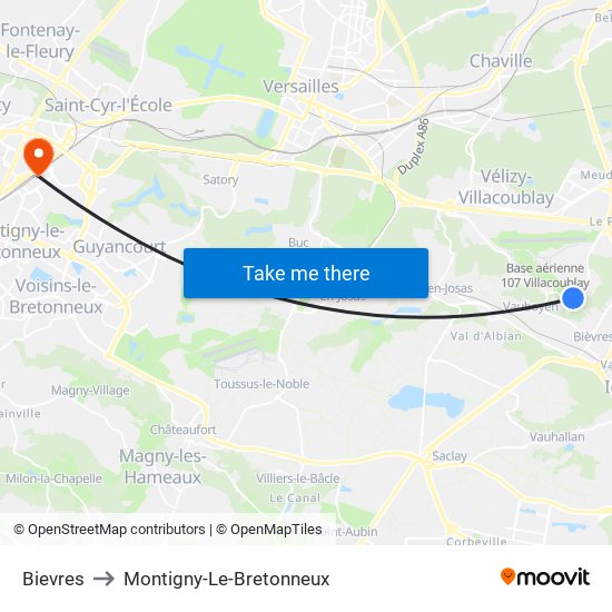 Bievres to Montigny-Le-Bretonneux map