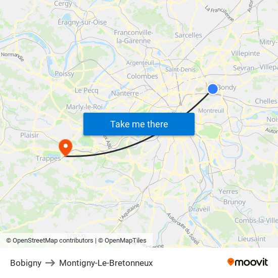 Bobigny to Montigny-Le-Bretonneux map