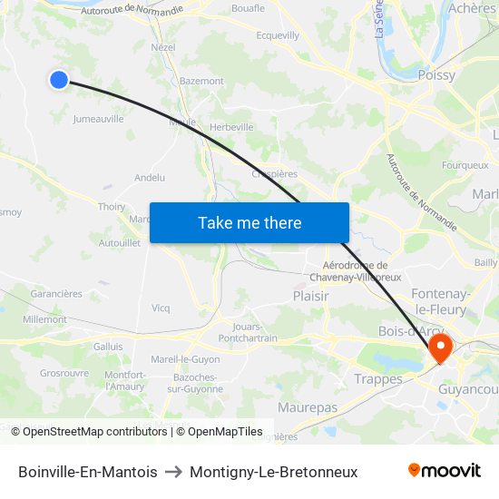 Boinville-En-Mantois to Montigny-Le-Bretonneux map