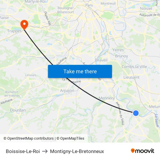 Boissise-Le-Roi to Montigny-Le-Bretonneux map
