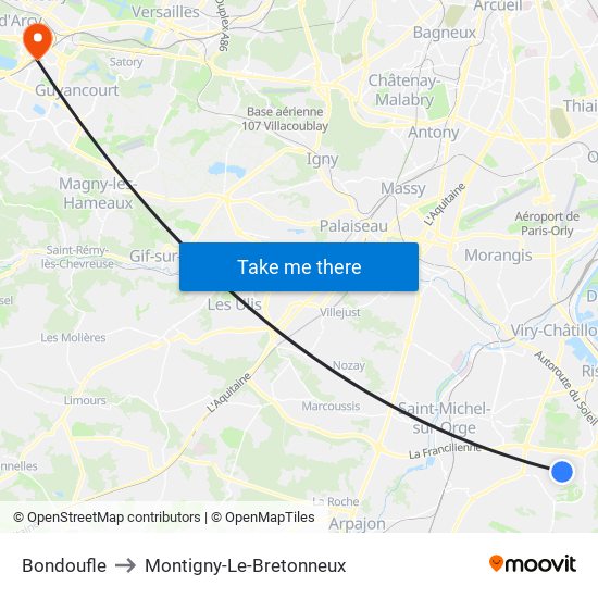Bondoufle to Montigny-Le-Bretonneux map