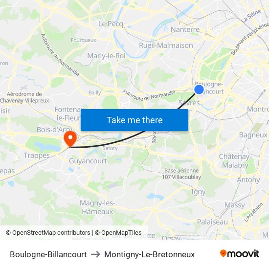 Boulogne-Billancourt to Montigny-Le-Bretonneux map