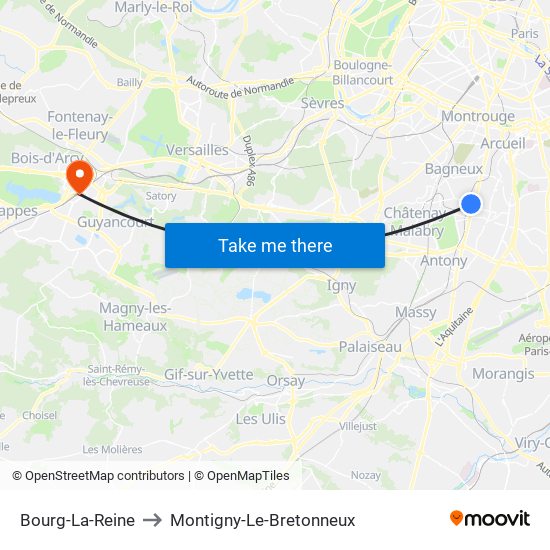 Bourg-La-Reine to Montigny-Le-Bretonneux map