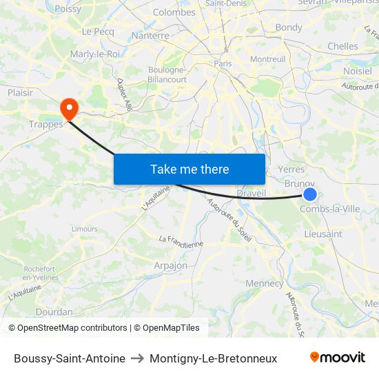 Boussy-Saint-Antoine to Montigny-Le-Bretonneux map
