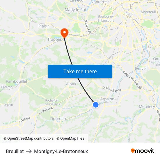 Breuillet to Montigny-Le-Bretonneux map