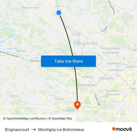 Brignancourt to Montigny-Le-Bretonneux map