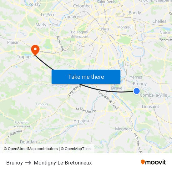 Brunoy to Montigny-Le-Bretonneux map