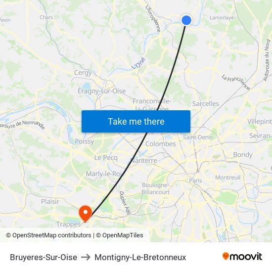 Bruyeres-Sur-Oise to Montigny-Le-Bretonneux map