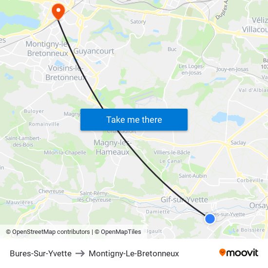 Bures-Sur-Yvette to Montigny-Le-Bretonneux map