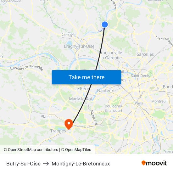 Butry-Sur-Oise to Montigny-Le-Bretonneux map