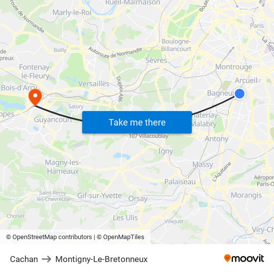 Cachan to Montigny-Le-Bretonneux map