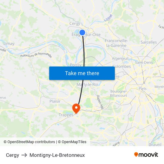 Cergy to Montigny-Le-Bretonneux map