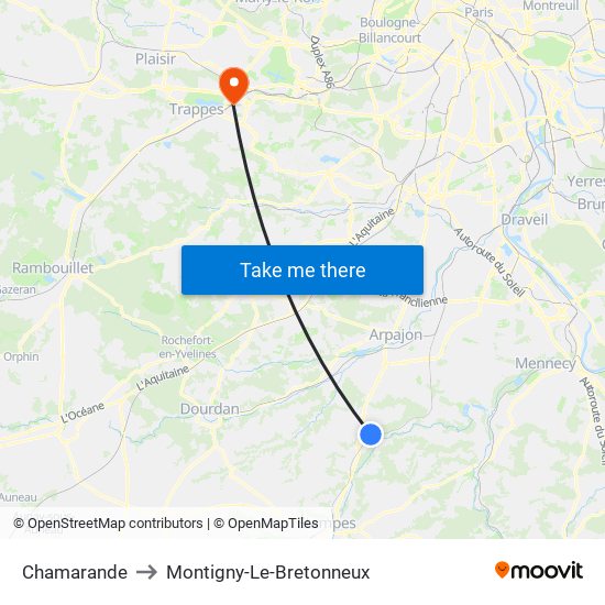 Chamarande to Montigny-Le-Bretonneux map