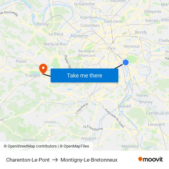 Charenton-Le-Pont to Montigny-Le-Bretonneux map