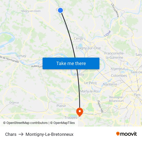 Chars to Montigny-Le-Bretonneux map