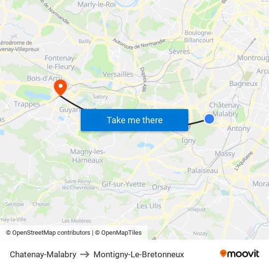 Chatenay-Malabry to Montigny-Le-Bretonneux map