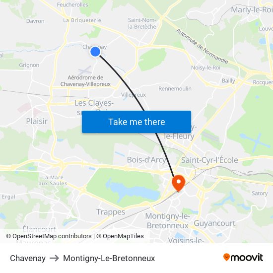 Chavenay to Montigny-Le-Bretonneux map