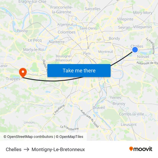 Chelles to Montigny-Le-Bretonneux map