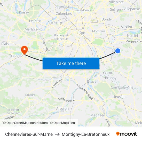 Chennevieres-Sur-Marne to Montigny-Le-Bretonneux map