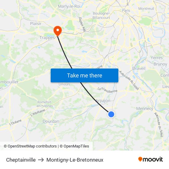 Cheptainville to Montigny-Le-Bretonneux map