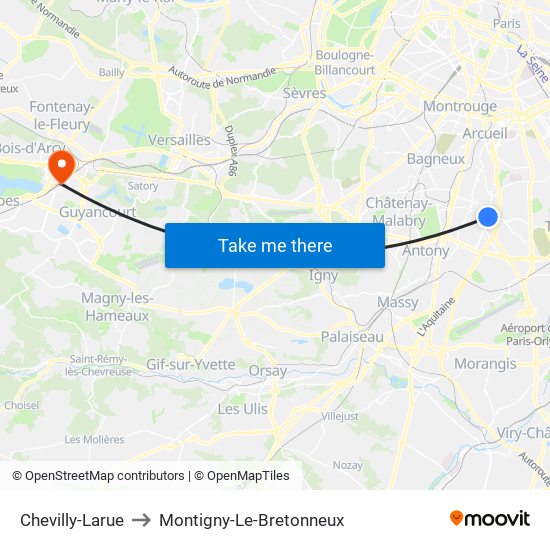 Chevilly-Larue to Montigny-Le-Bretonneux map