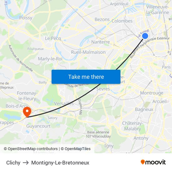 Clichy to Montigny-Le-Bretonneux map