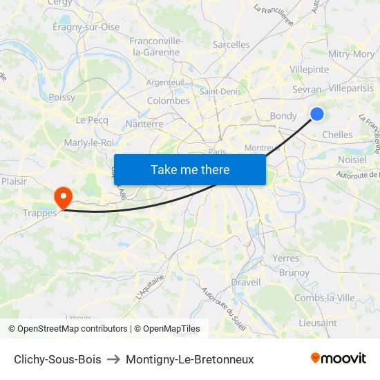 Clichy-Sous-Bois to Montigny-Le-Bretonneux map