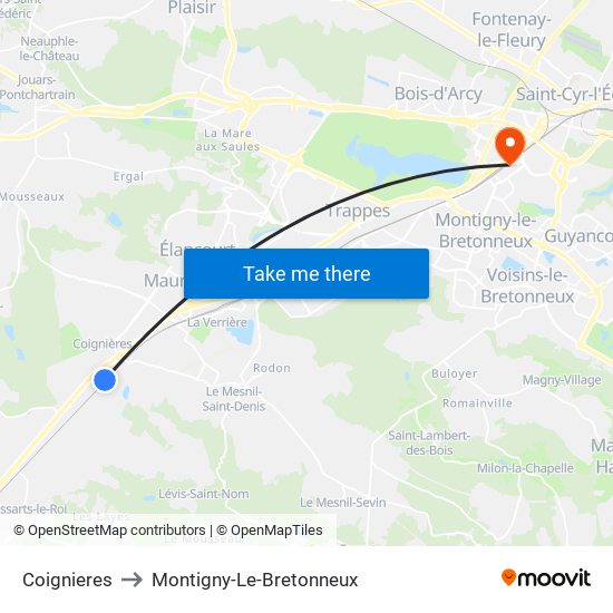 Coignieres to Montigny-Le-Bretonneux map