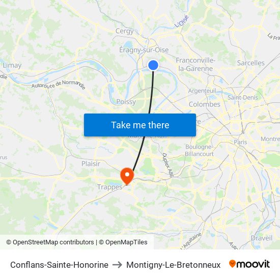 Conflans-Sainte-Honorine to Montigny-Le-Bretonneux map
