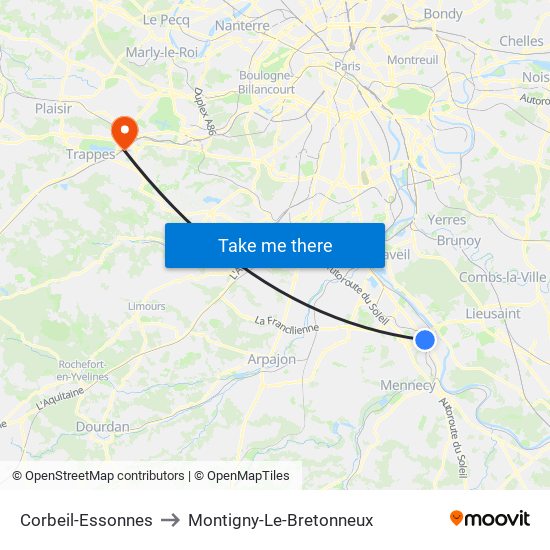 Corbeil-Essonnes to Montigny-Le-Bretonneux map