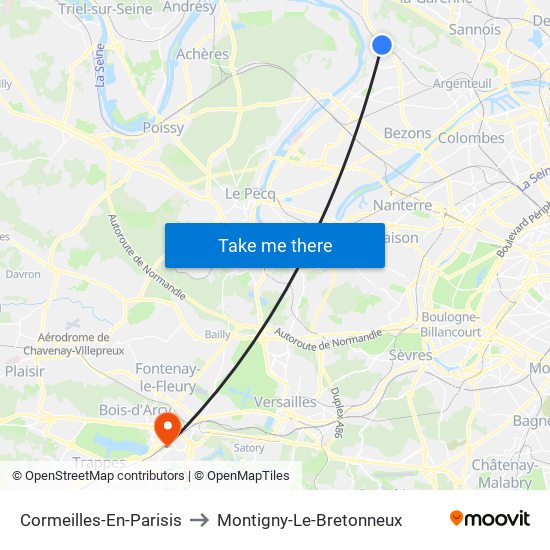 Cormeilles-En-Parisis to Montigny-Le-Bretonneux map