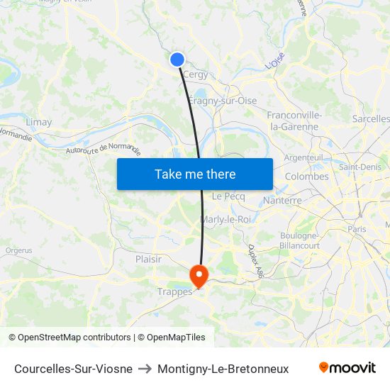 Courcelles-Sur-Viosne to Montigny-Le-Bretonneux map