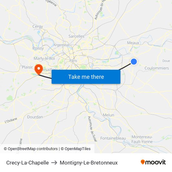 Crecy-La-Chapelle to Montigny-Le-Bretonneux map