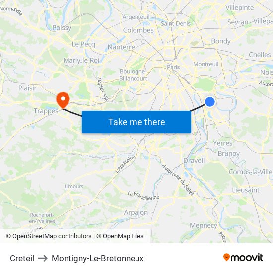 Creteil to Montigny-Le-Bretonneux map