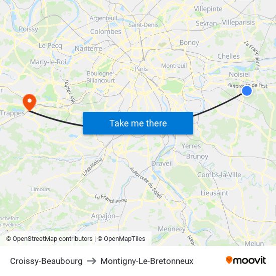 Croissy-Beaubourg to Montigny-Le-Bretonneux map