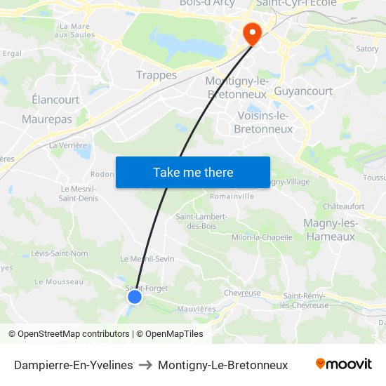 Dampierre-En-Yvelines to Montigny-Le-Bretonneux map