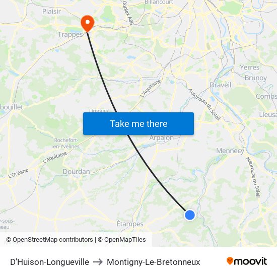 D'Huison-Longueville to Montigny-Le-Bretonneux map