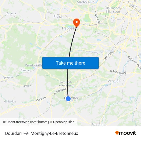 Dourdan to Montigny-Le-Bretonneux map