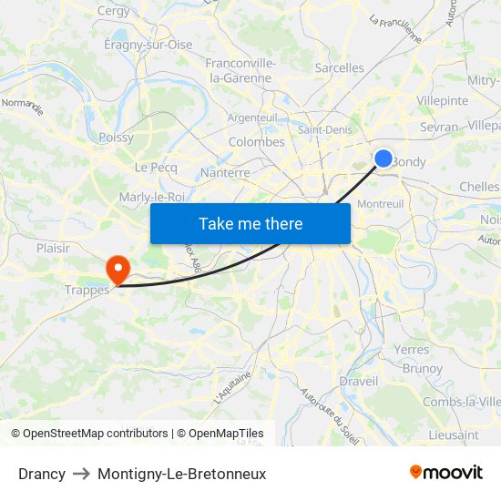 Drancy to Montigny-Le-Bretonneux map