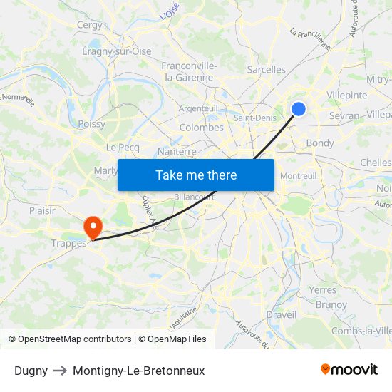 Dugny to Montigny-Le-Bretonneux map