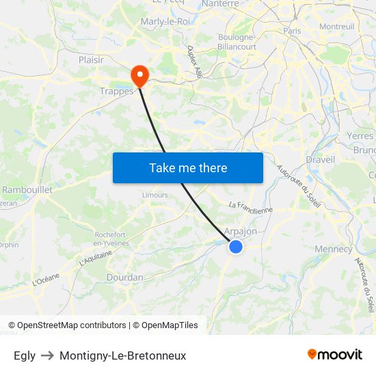 Egly to Montigny-Le-Bretonneux map