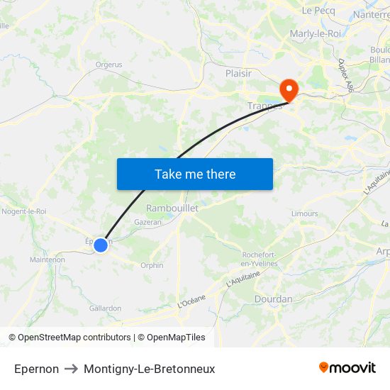 Epernon to Montigny-Le-Bretonneux map