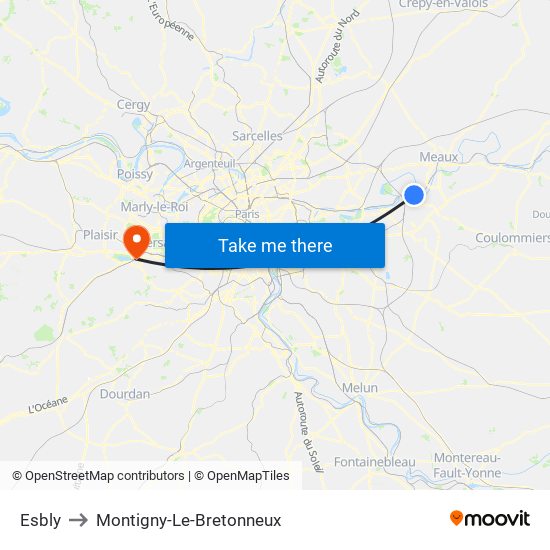 Esbly to Montigny-Le-Bretonneux map