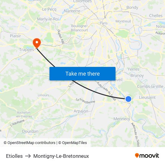 Etiolles to Montigny-Le-Bretonneux map